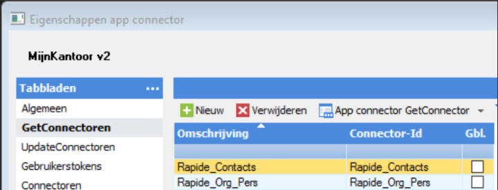 Het scherm Eigenschappen app connector in AFAS met het tabblad GetConnectoren geopend, waarin de connectoren Rapide_Contacts en Rapide_Org_Pers staan en de knop Nieuw zichtbaar is.