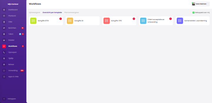 Het scherm Workflows op het tabblad Overzicht per template met tegels voor Aangifte BTW, Aangifte IB, Aangifte VPB, Cliënt acceptatie en onboarding en Samenstellen Jaarrekening.