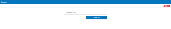 Het inlogscherm van Exact Online met het veld Gebruikersnaam en de knop Volgende.