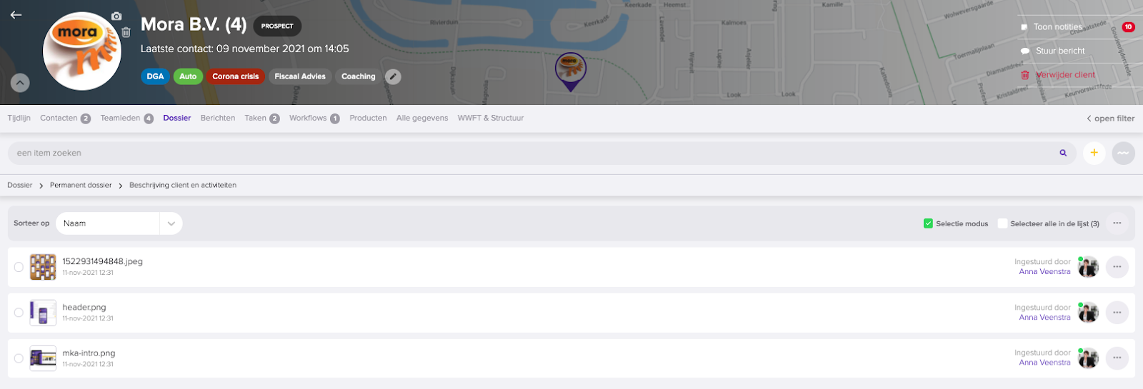 De map Beschrijving client en activiteiten in het dossier met de drie geüploade bestanden, ingestuurd door Anna Veenstra.
