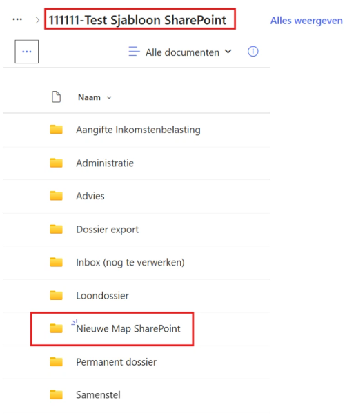 SharePoint-map van de sjabloonklant 111111-Test Sjabloon SharePoint met de nieuw aangemaakte map Nieuwe Map SharePoint rood gemarkeerd in de lijst met mappen.