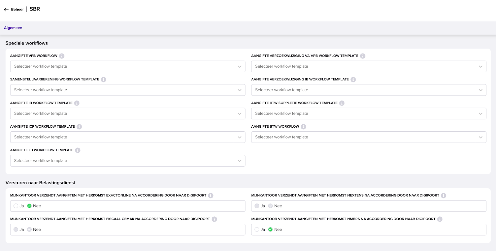 Het scherm SBR onder Beheer met het tabblad Algemeen, met de sectie Speciale workflows met keuzelijsten voor workflow templates en de sectie Versturen naar Belastingdienst met Ja/Nee-opties per softwarebron.