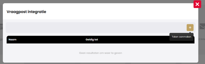 Het venster Vraagpost integratie in Mijn Kantoor, met rechts de knop + (Token aanmaken) en een lege lijst met tokens.