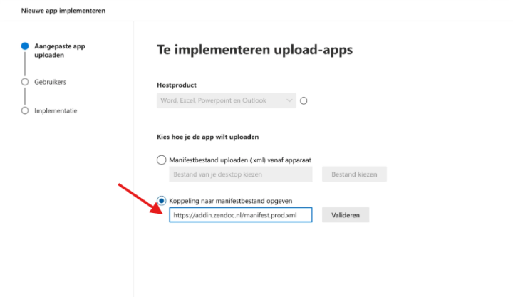 Microsoft Admin Center, scherm Nieuwe app implementeren, met de optie Koppeling naar manifestbestand opgeven en de ingevulde URL gemarkeerd.