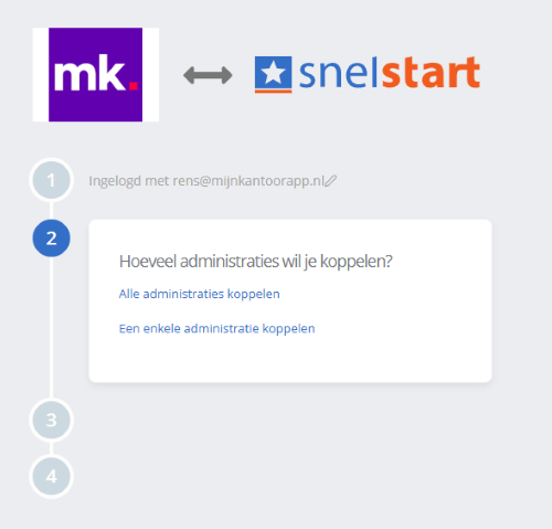 De SnelStart-pagina met de vraag "Hoeveel administraties wil je koppelen?" en de keuzes Alle administraties koppelen en Een enkele administratie koppelen.