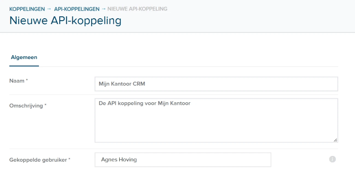 Het scherm Nieuwe API-koppeling in Fiscaal Gemak (Koppelingen > API-koppelingen), met de ingevulde velden Naam (Mijn Kantoor CRM), Omschrijving en Gekoppelde gebruiker.