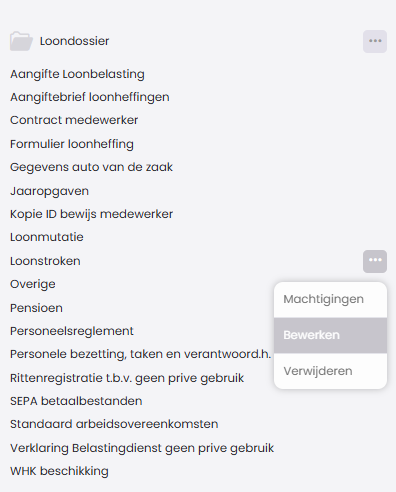 Het relatiedossier met de map Loonstroken, waarvan het menu achter de drie puntjes openstaat en de optie Bewerken gemarkeerd is.