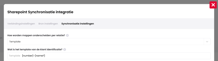 Venster "SharePoint Synchronisatie integratie" op het tabblad Synchronisatie instellingen met het veld voor het template van de klantidentificatie.