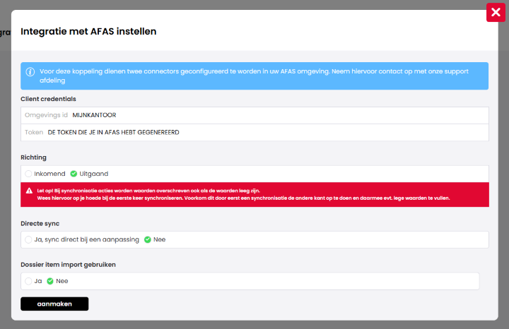 Het venster Integratie met AFAS instellen in Mijn Kantoor met de velden Omgevings id en Token, de opties bij Richting en Directe sync en de knop aanmaken.
