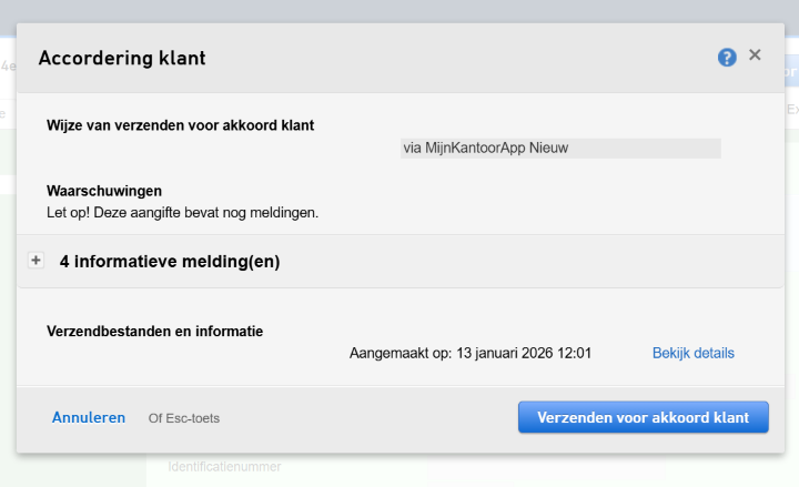 Pop-up Accordering klant in Nextens, met als wijze van verzenden via MijnKantoorApp Nieuw en rechtsonder de blauwe knop Verzenden voor akkoord klant.