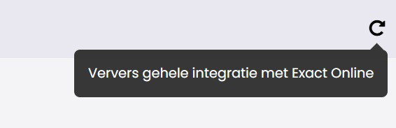 Het ververs-icoon rechtsboven in het integratiescherm met de tooltip "Ververs gehele integratie met Exact Online".
