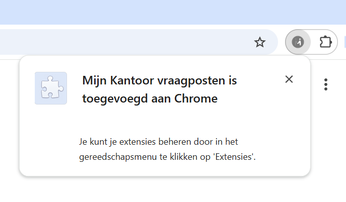 Chrome-melding dat Mijn Kantoor vraagposten is toegevoegd aan Chrome, met de plugin-knop bovenin de browserbalk.